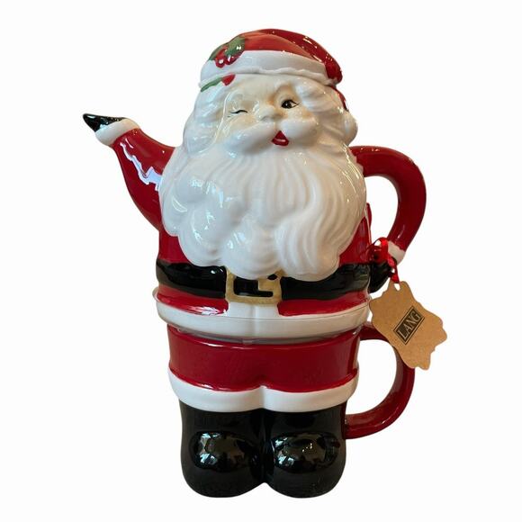 Lang Christmas Tea For One Winking Santa Teapot With Lid 12oz Cup New - Picture 1 of 16